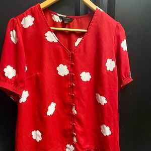 Banana Republic Red Button-Front Floral Short-Sleeve Blouse